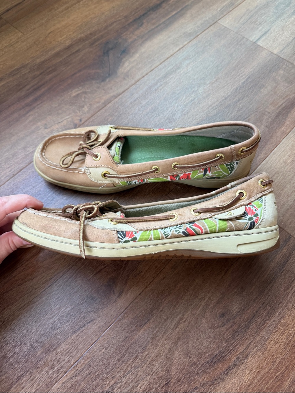 Sperry Tan Leather Boat Shoes with Floral Side Panel